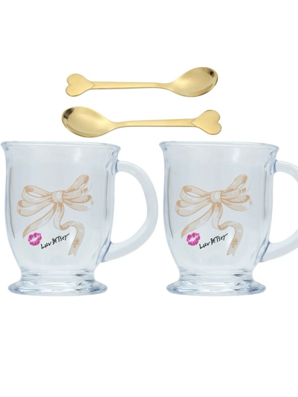 Betsey Johnson Glass Mug Gift Set Bow Lip Print Gold Heart Spoons NIB